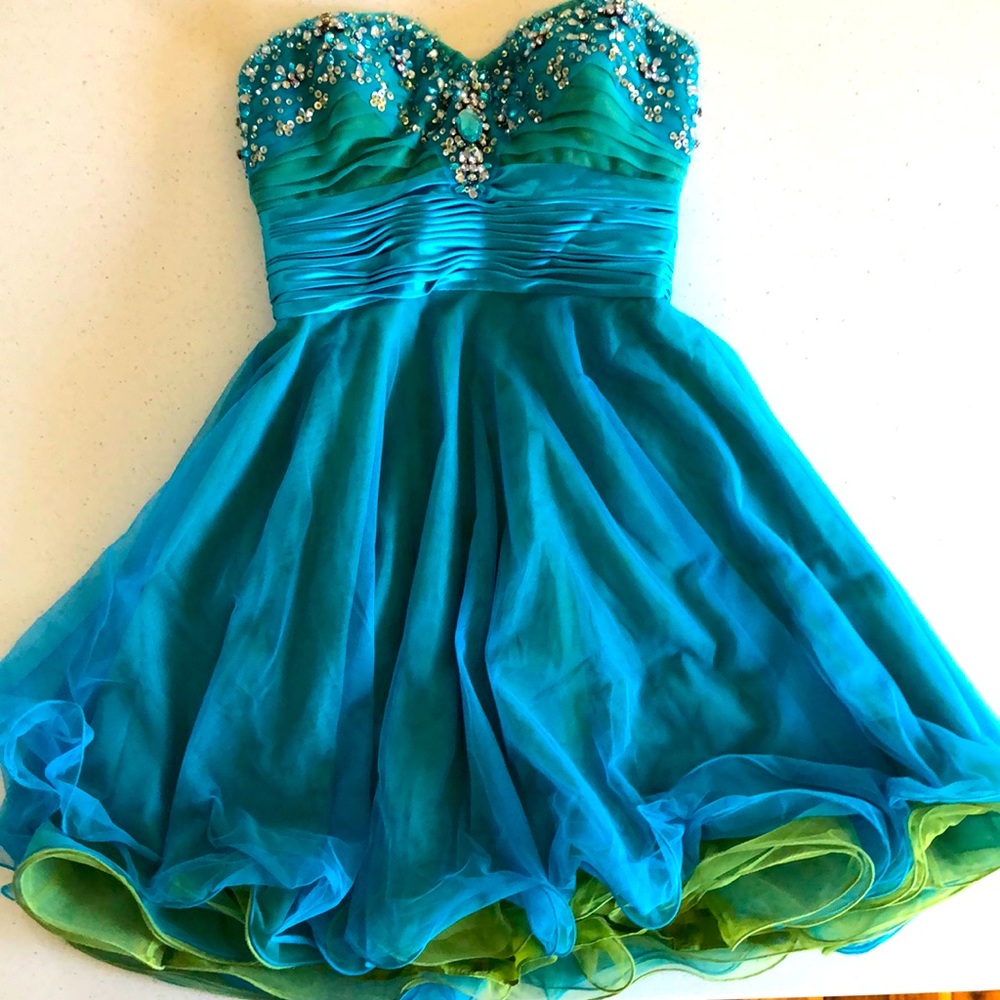Adrianna Papell Embellished Ruched Blue and Green Prom Dress